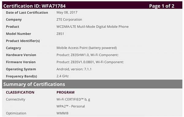 В базе данных WFA замечен смартфон ZTE Z851 2